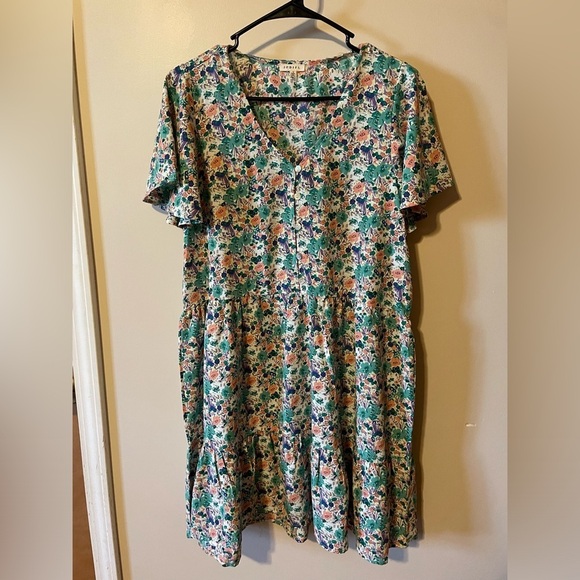JODIFL Floral Teal/Pink Short Flutter Sleeve Dress Button Front Tiered Small - Picture 1 of 11